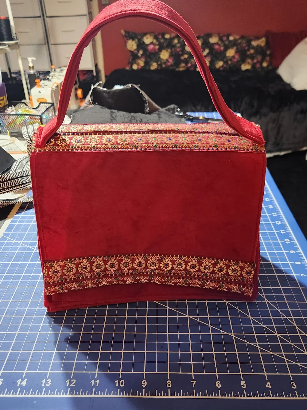 Red Embroidered Box Satchel Handbag